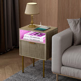 JOONEE Modern Nightstand with Charging Station and LED Lights, White Bedside Table with Drawer, Fluted Side Table for Living Room, Bedroom JOONEE