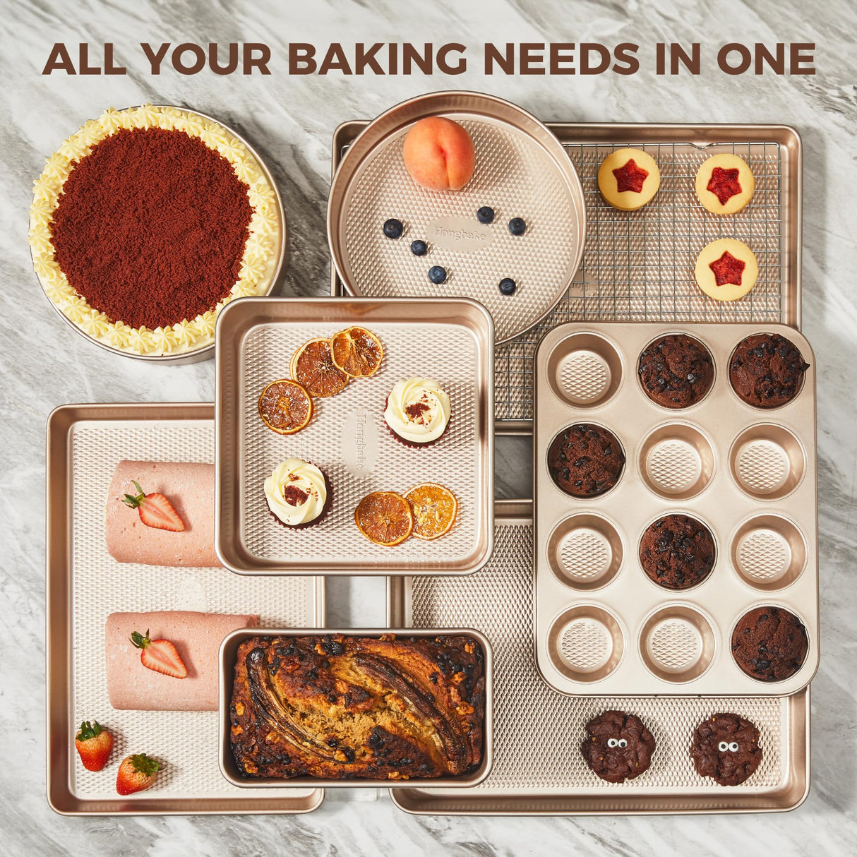 HONGBAKE 9-Piece Baking Pans Set Nonstick, Stackable Non Toxic Bakeware Sets with Diamond Texture, Oven Pan Set for Cooking, Includes Cookie Sheet with Rack, Cake Pan, Roasting Pan, Muffin Pan, Gold HONGBAKE