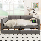 Queen Daybed with USB and 2 Drawers, Upholstered Corner Bed Queen with Storage for Living Room, Gray RuiSiSi
