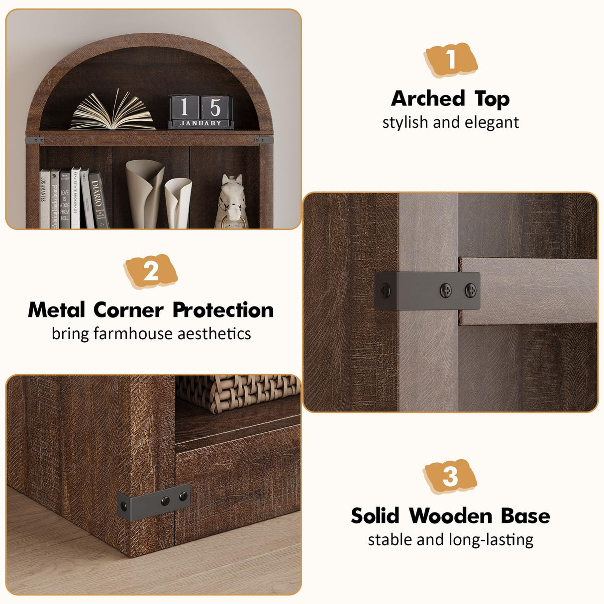 GarveeHome Bookcase 5 Shelf Arched Bookshelf 71.65in Tall Bookcase Farmhouse Display Storage Rack Wooden Bookshelves for Home Office, Living Room (Brown) GarveeHome