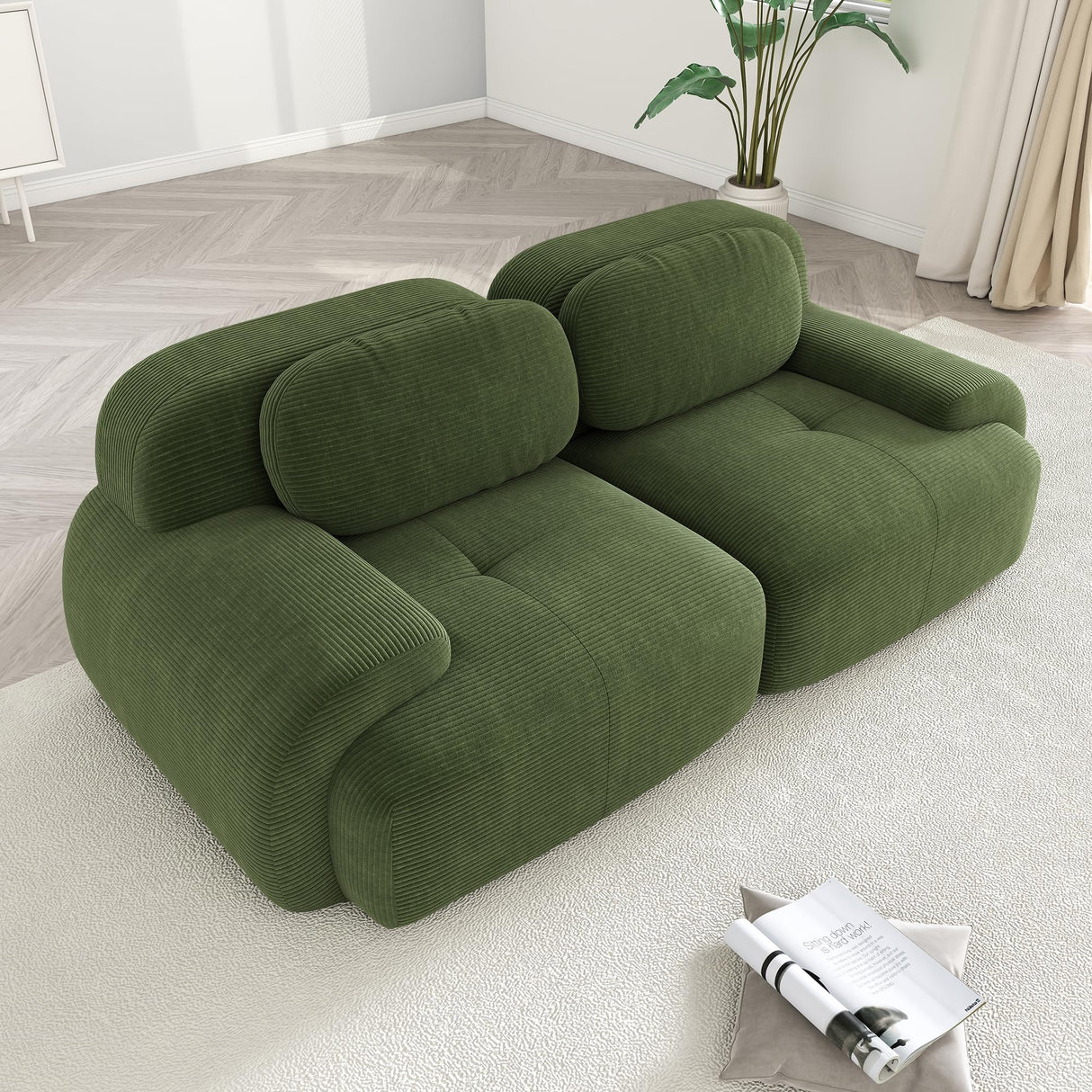 YESER Modular Sectional Sofa Boneless Couch Corduroy Cloud Couch, Modern Deep Seat Sectional Couches for Living Room, 82" Loveseat Apartment Sofa Small Couches for Small Spaces, No Assembly(Green) YESER