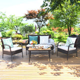 Tangkula 4 PCS Patio Rattan Furniture Set, Outdoor Conversation Set w/Cushions & Acacia Wood Coffee Tabletop, Sectional Sofa Set for Garden, Backyard, Poolside (1, Brown) Tangkula