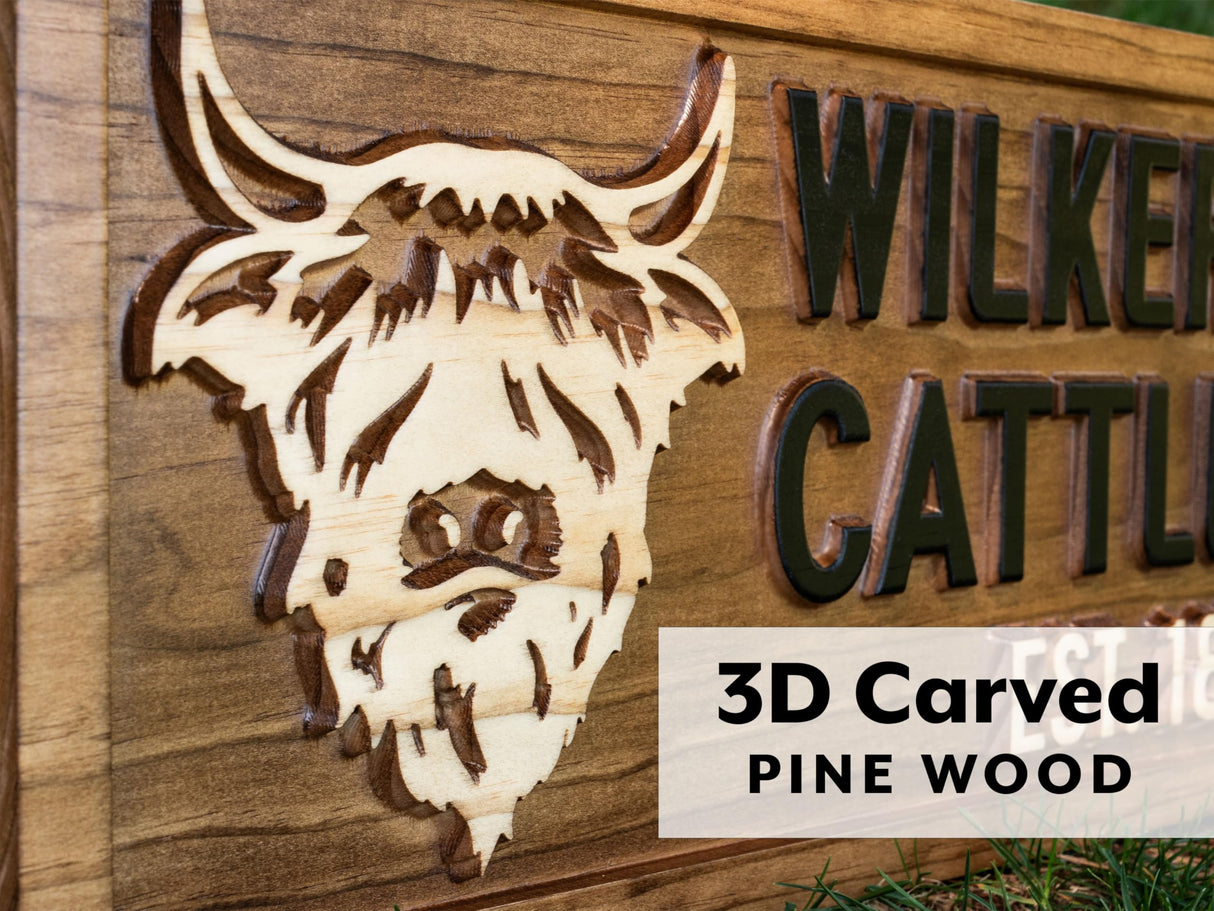 Personalized Wood Farmhouse Sign Highland Cattle Wooden Farmhouse Decor Cow Custom Carved Farm Sign Wall Family Name Sign Couple Established 3D Woodworker