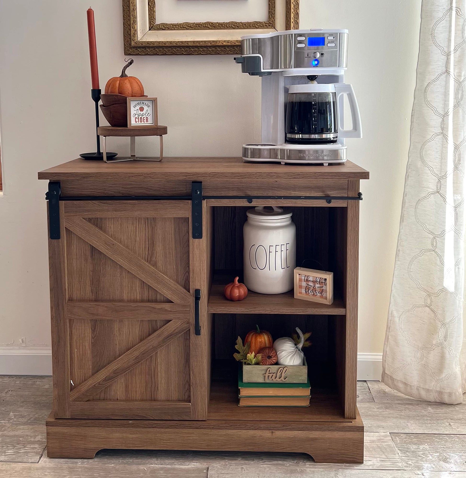 PHI VILLA Farmhouse Coffee Bar Cabinet - Sliding Barn Door Kitchen Sideboard Buffet Cabinet with Storage - WoodArtSupply