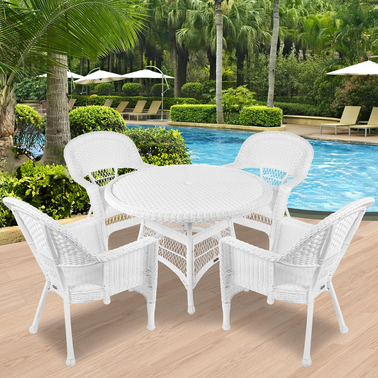 Jeco 5 Piece Wicker Outdoor Dining Set, White Jeco