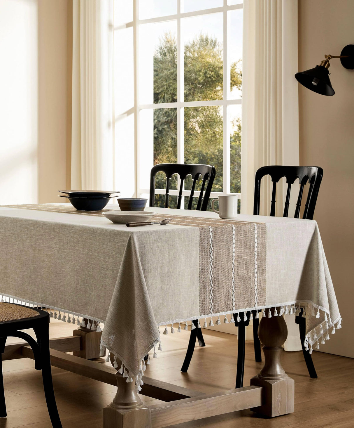 ZeeMart Contrast Linen Table Cloth Rectangle Table Cloths 60x84 Inch Brown, Farmhouse Style Heavy Weight Beige Tablecloth, Water Resistant Burlap Tablecloths ZeeMart