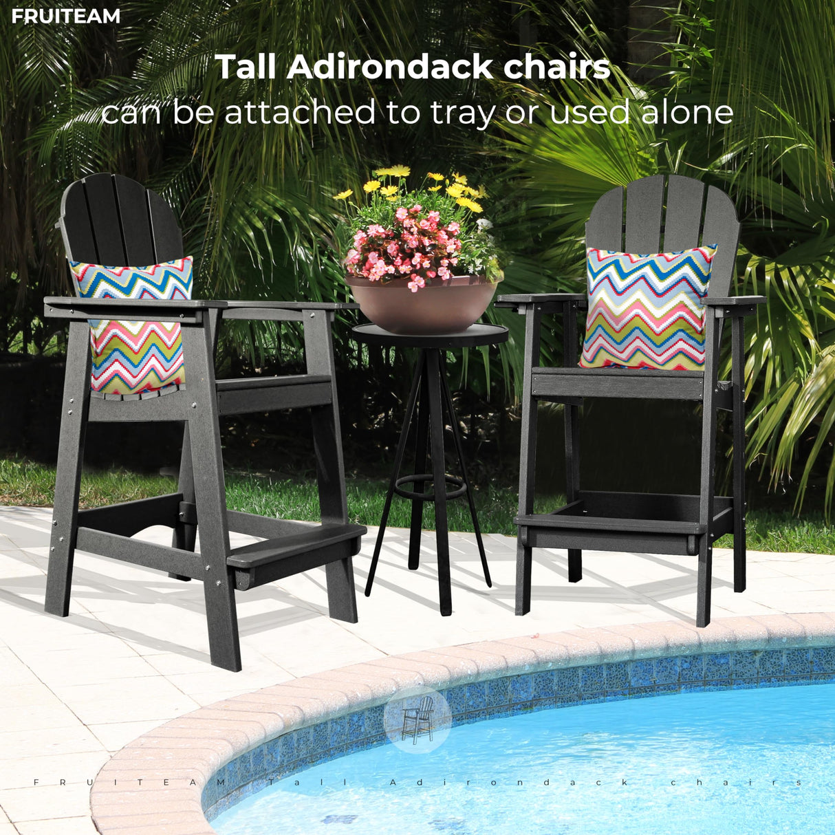 FRUITEAM Tall-Adirondack-Chairs-Set of 2, Outdoor Modern Bar-Height Adirondack Chairs, Double Raised Adirondack Patio Chairs with Removable Connecting Tray, for Pool, Yard, Lawn FRUITEAM