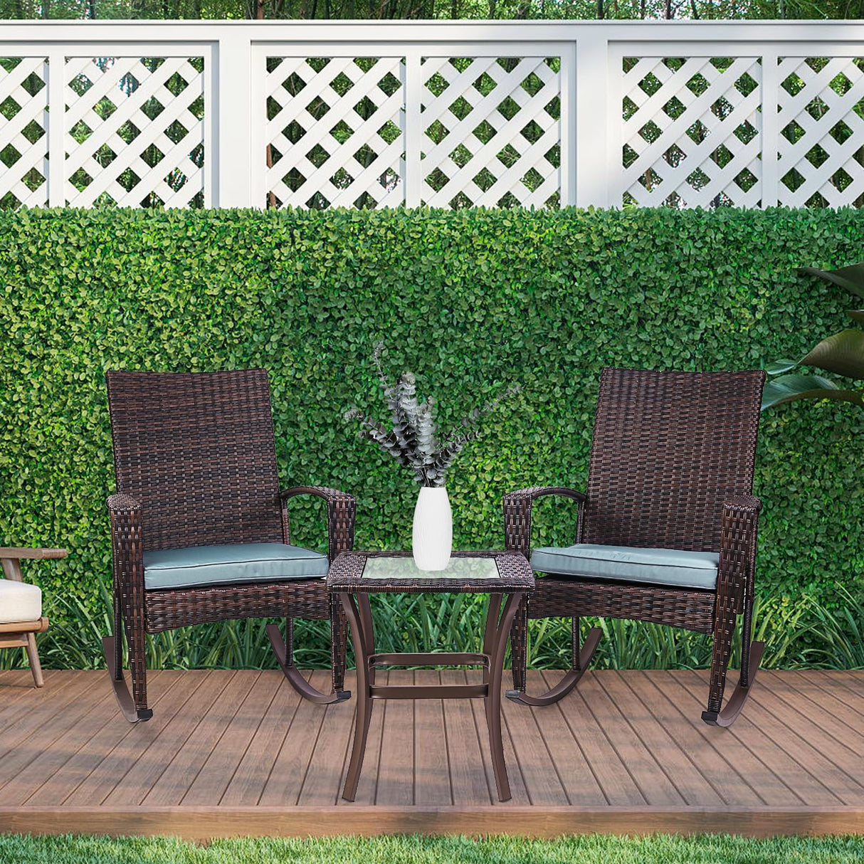 Niubya 3 Piece Wicker Rocking Chair Patio Furniture Sets, Outdoor Wicker Bistro Rattan Chair Conversation Sets with Cushions and Coffee Table, Grey and Brown Niubya