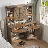 AOGLLATI Makeup Vanity with Lights & Barn Doors, Vanity Desk with Mirror and Lights & Charging Station, Farmhouse Brown Vanity Table with Jewelry Hooks and Open Storage Shelves AOGLLATI