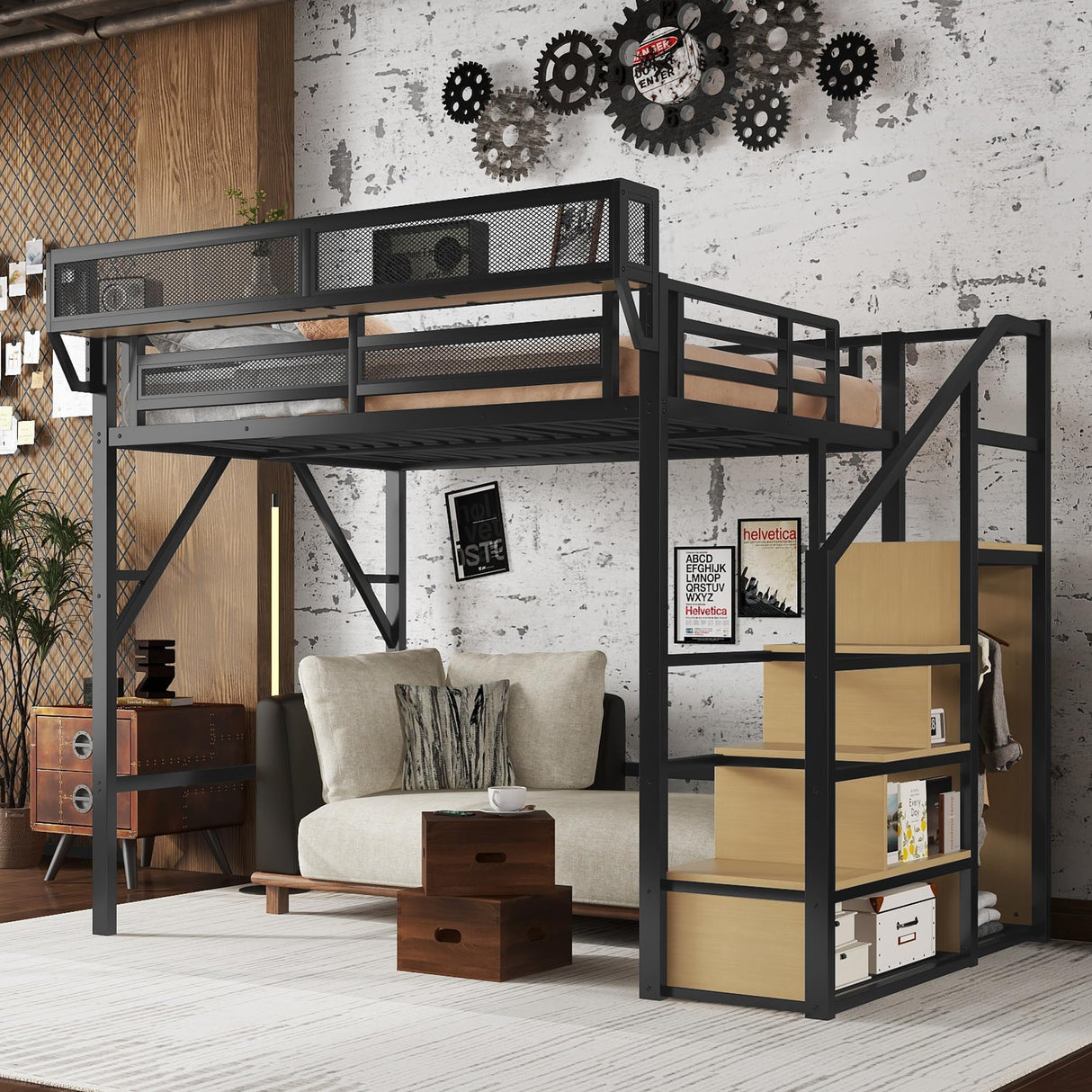 Mirightone Full Size Loft Bed with Stairs, Metal Loft Beds, High Loft Bed Frame with Storage Shelves, Lofted Full Bed with Wardrobe for Kids and Teens, No Box Spring Needed (Black+Natural) Mirightone