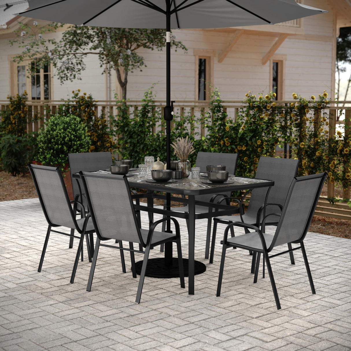 Flash Furniture Brazos Commercial Outdoor Dining Set, 60" Tempered Glass Patio Table with Umbrella Hole, 6 Stack Chairs with Flex Comfort Seats and Backs, Gray/Black Flash Furniture