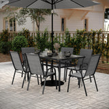 Flash Furniture Brazos Commercial Outdoor Dining Set, 60" Tempered Glass Patio Table with Umbrella Hole, 6 Stack Chairs with Flex Comfort Seats and Backs, Gray/Black Flash Furniture