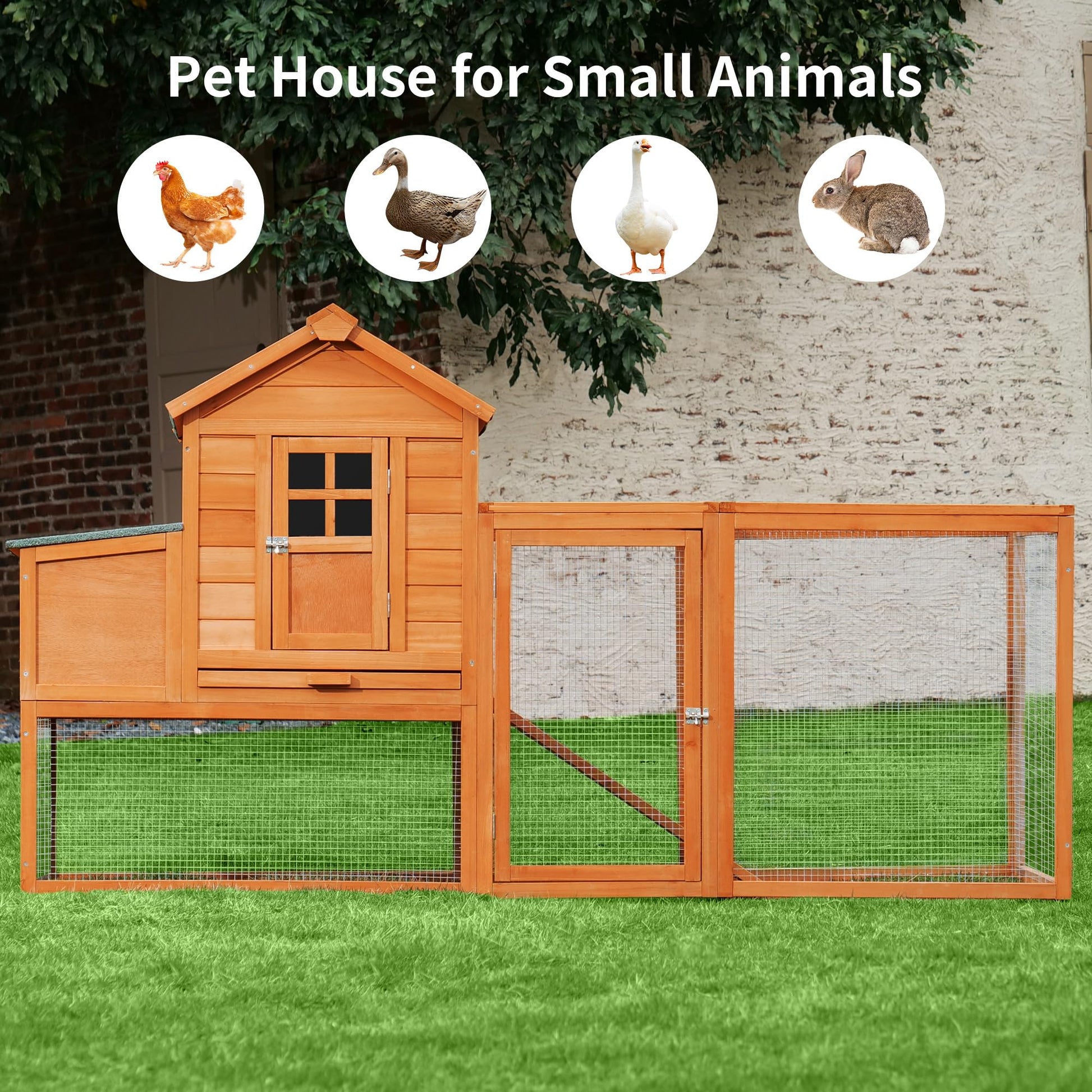 Breltam 79" Chicken Coop Hen House Wooden Chicken House Poultry Cage with Run, Nesting Box, Removable Tray for Outdoor - WoodArtSupply