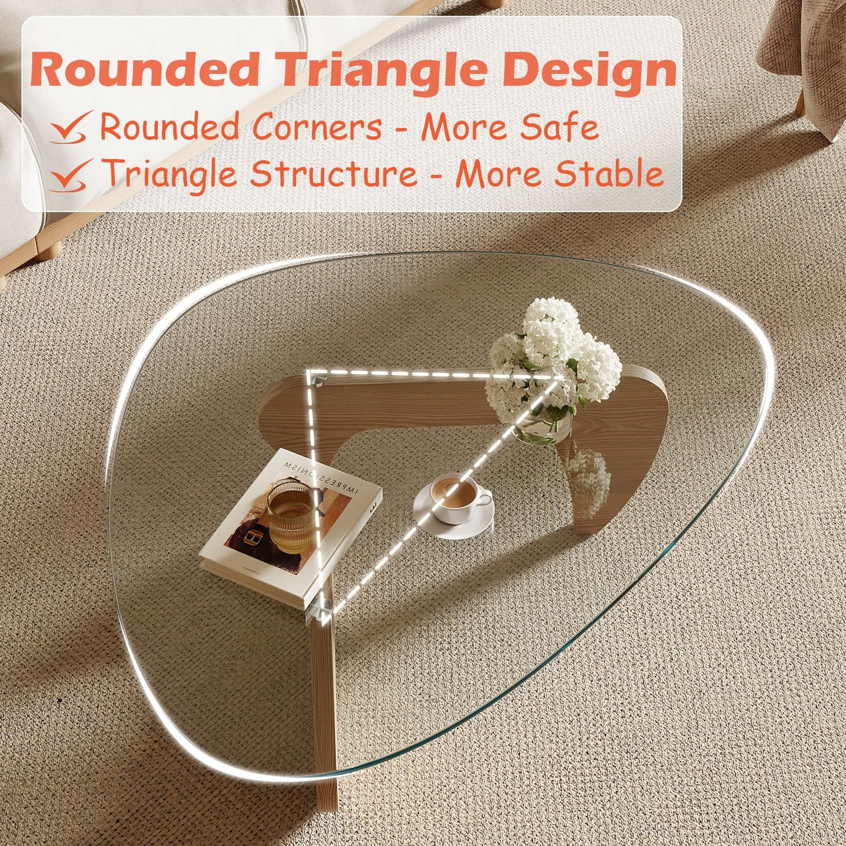 Miloyer Modern Coffee Table for Living Room and Small Spaces, 43.3" x 29.5" x 15.8" Triangle Tempered Glass Table Top and Eco-Friendly MDF Base, Natural Wood Miloyer