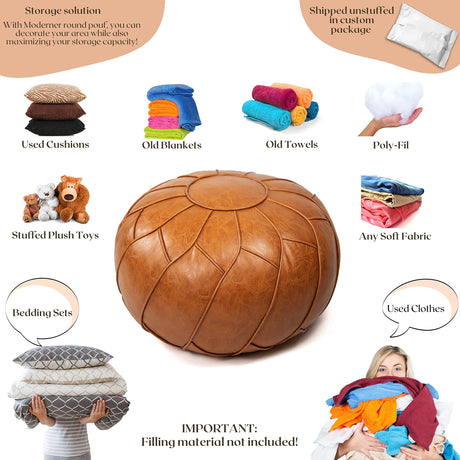 Moderner Faux Leather Pouf Unstuffed Ottoman Moroccan Footstool, Floor Footrest Cushion, Storage Solution - Natural Brown Color (Brown, 23x11) Moderner