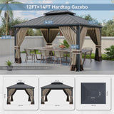 Kurapika 12' x 14' Hardtop Gazebo, Outdoor Metal Gazebo with Galvanized Steel Double Roof Canopy, Curtain and Netting, Aluminum Permanent Pavilion Gazebo for Patio, Backyard, Lawn, Sand Kurapika