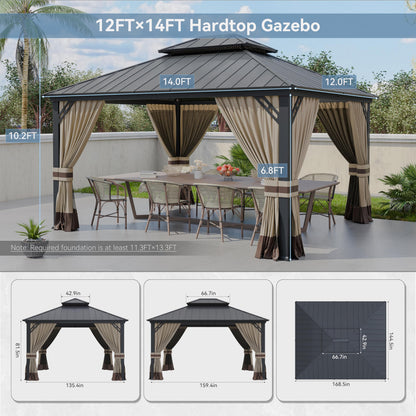 Kurapika 12' x 14' Hardtop Gazebo, Outdoor Metal Gazebo with Galvanized Steel Double Roof Canopy, Curtain and Netting, Aluminum Permanent Pavilion Gazebo for Patio, Backyard, Lawn, Sand - WoodArtSupply