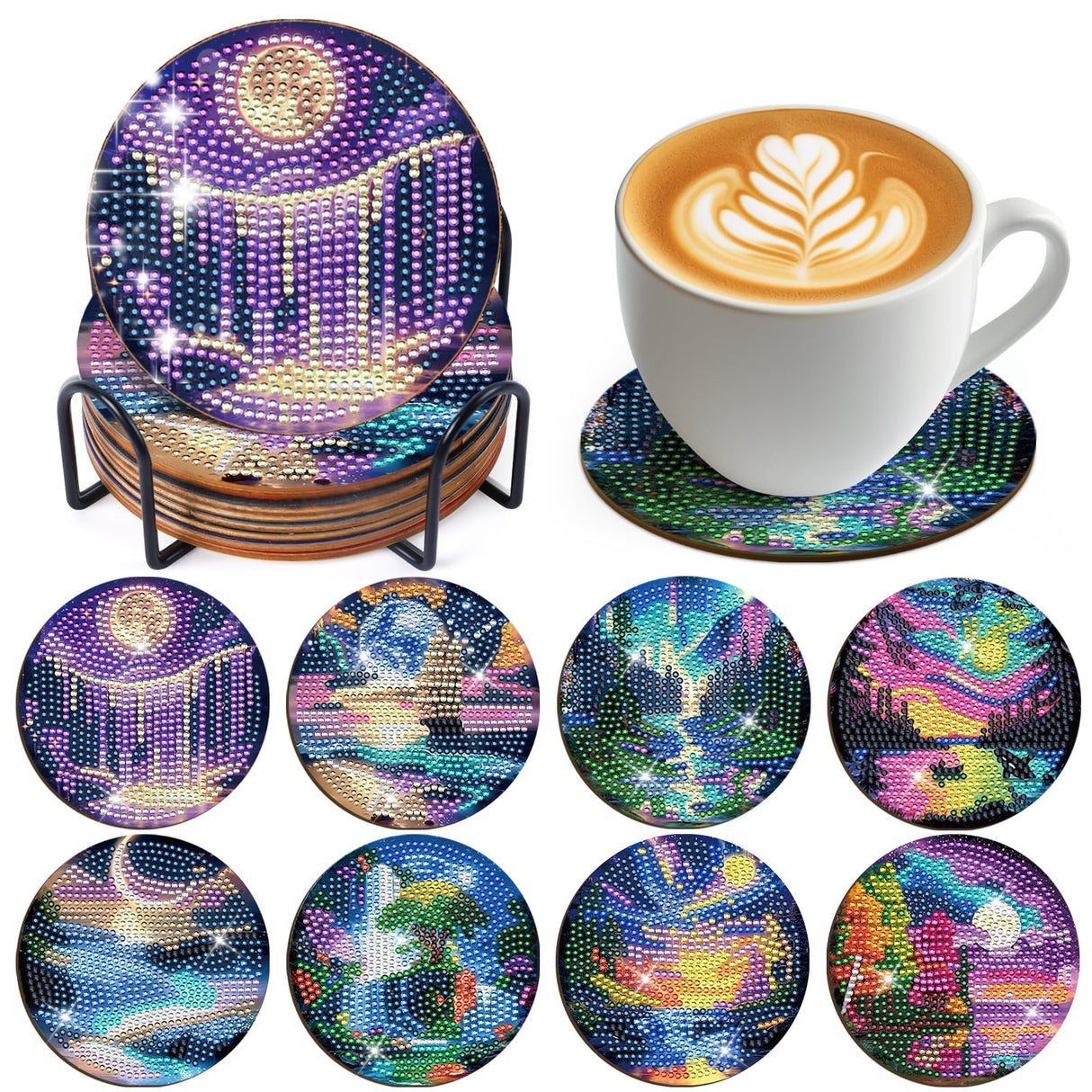 Sitsink Moon Landscape Diamond Art Coasters - 8 Pcs DIY Moon Landscape Northern Lights Adult Diamond Painting Coasters Kits with Holder for Adults Beginners Gift Crafts Supplies Sitsink