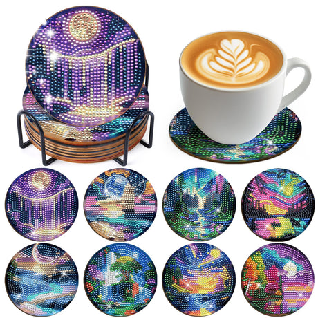Sitsink Moon Landscape Diamond Art Coasters - 8 Pcs DIY Moon Landscape Northern Lights Adult Diamond Painting Coasters Kits with Holder for Adults Beginners Gift Crafts Supplies Sitsink