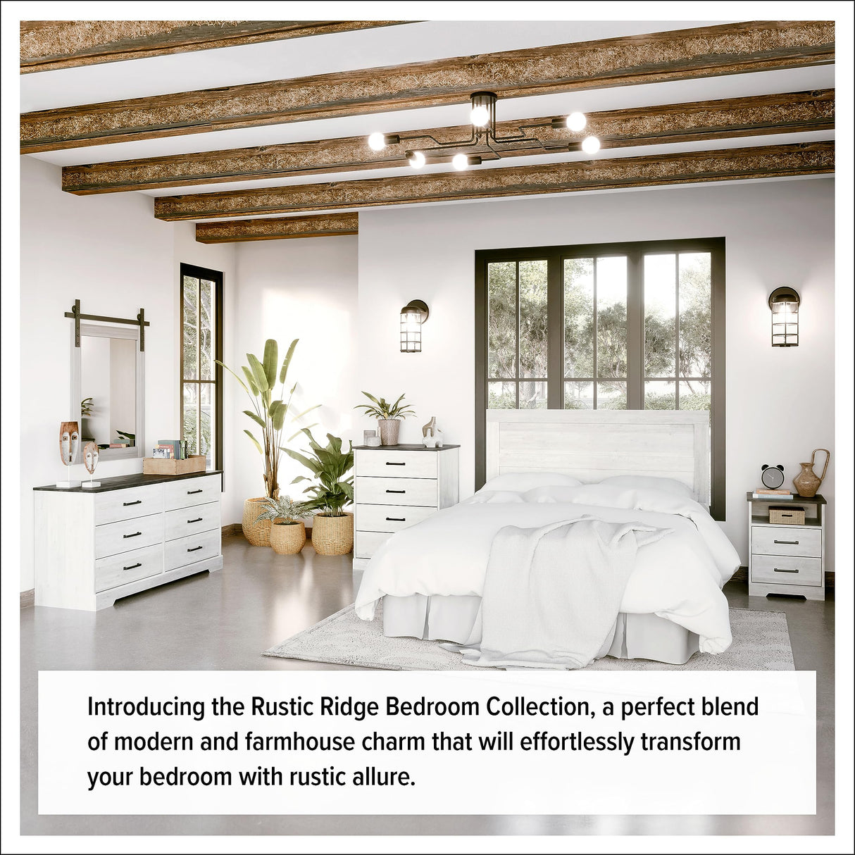 Prepac Rustic Ridge Farmhouse 6-Drawer Chest of Drawers for Bedroom, Wooden Bedroom Drawer Dresser with 6 Storage Drawers, 18.25in x 53.25in x 28.5in, Washed White, ADBR-1606-1 Prepac