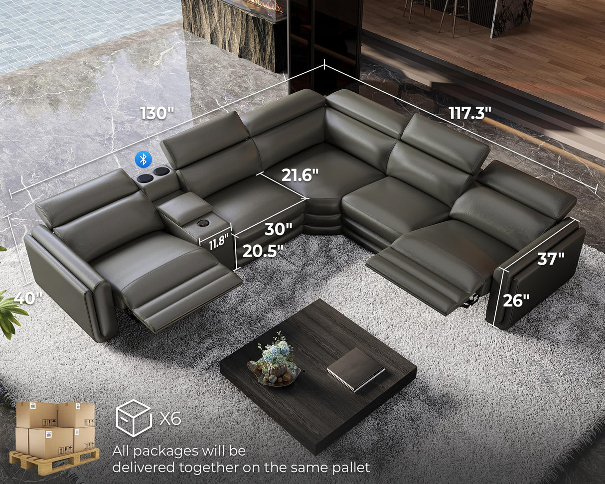 Jocisland Dual Power Recliner, Oversized 5-Seater Sofa with Console, 3 Bluetooth Speakers & Hidden Storage, Modern L Shaped Reclining Couch with 6 Charging Ports - Dark Gray Leathaire Jocisland