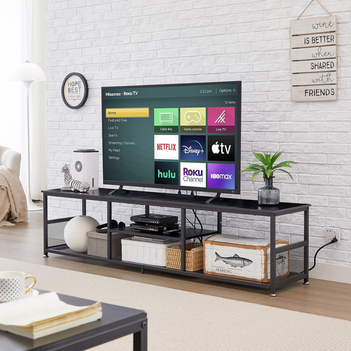 VECELO TV Stand with Power Outlets for Televisions up to 80Inch, 70" Media Entertainment Center with Charging Station 3-Tier Open Storage Shelves with Metal Frame for Living Room/Bedroom，Black VECELO