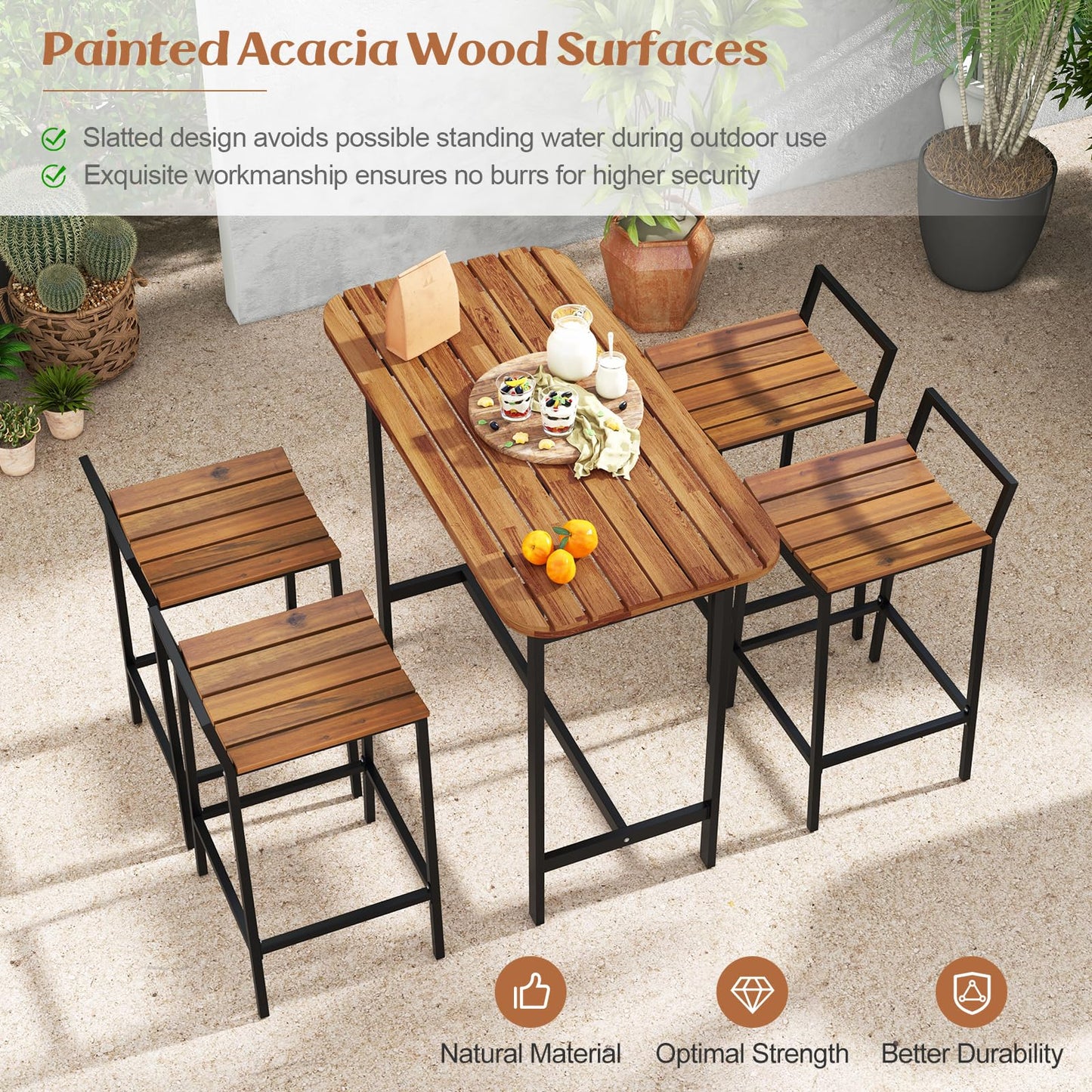 Tangkula 5-Piece Rustic Acacia Wood Outdoor Bar Set for Patio Dining and Relaxation