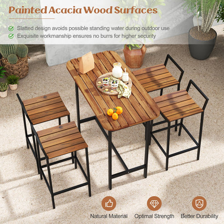 Tangkula 5-Piece Rustic Acacia Wood Bar Height Patio Set for Outdoor Dining Tangkula