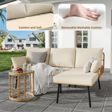 IDEALHOUSE 3 Pieces L-Shaped Conversation Sofa Set, PE Rattan Wicker Outdoor Sectional Couch Patio Set with Detachable Lounger, Thick Cushions, Glass Side Table for Backyard, Porch, Deck, Beige IDEALHOUSE