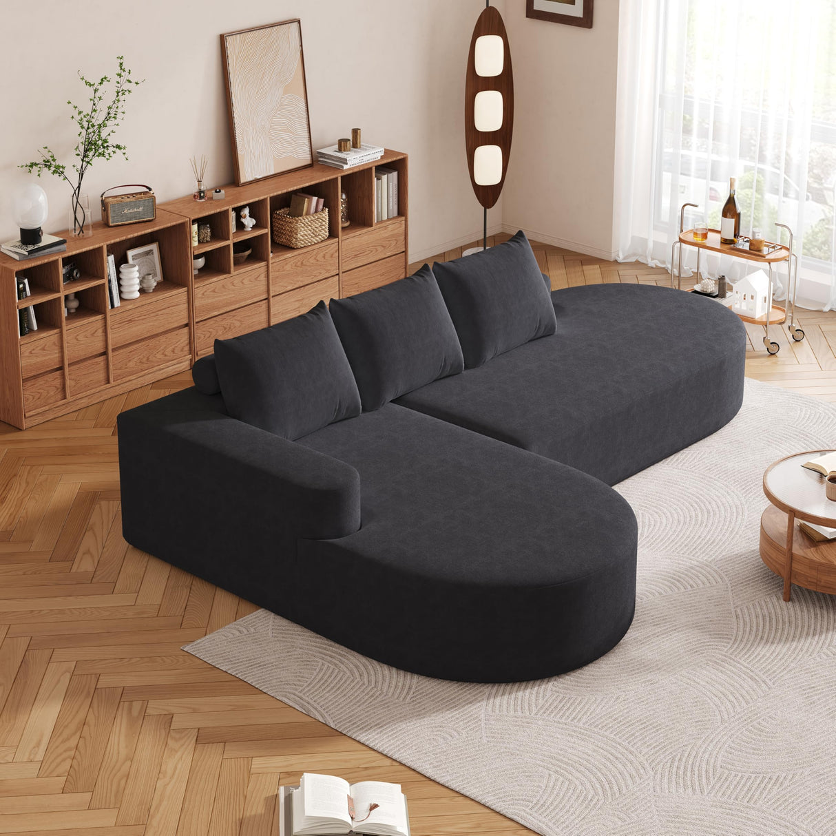 KEIKI 108.5" L Shaped Corner Sofa, Curved Sectional Couch with Chaise, Upholstered Chenille Sectional Couch for Living Room, Bedroom, Black KEIKI