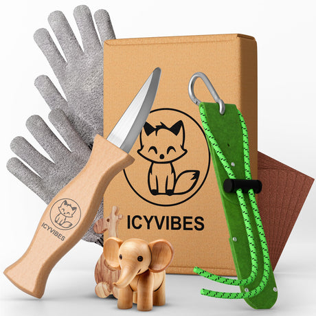 Premium Wood Carving Kit - 9pcs Whittling Knife Set for Beginners Craft Projects Gloves Chisel Pocket Friendly Working Tools Leather Perfect for Gifts and Creative Bowl Sharpener ICYVIBES