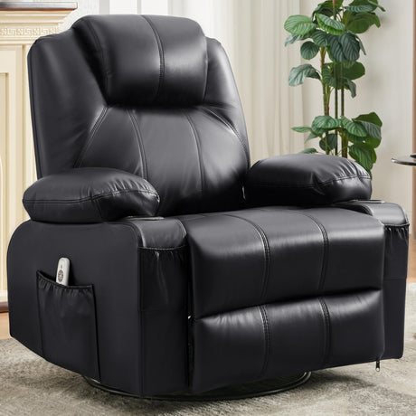 Reedvales Oversized Swivel Rocker Recliner Sofa Chair with Heat and Massage, Big Recliner Sofa Chair for Living Room, 360 Degree Swivel Single Sofa with Cup Holders and USB Port(Leather, Black) Reedvales