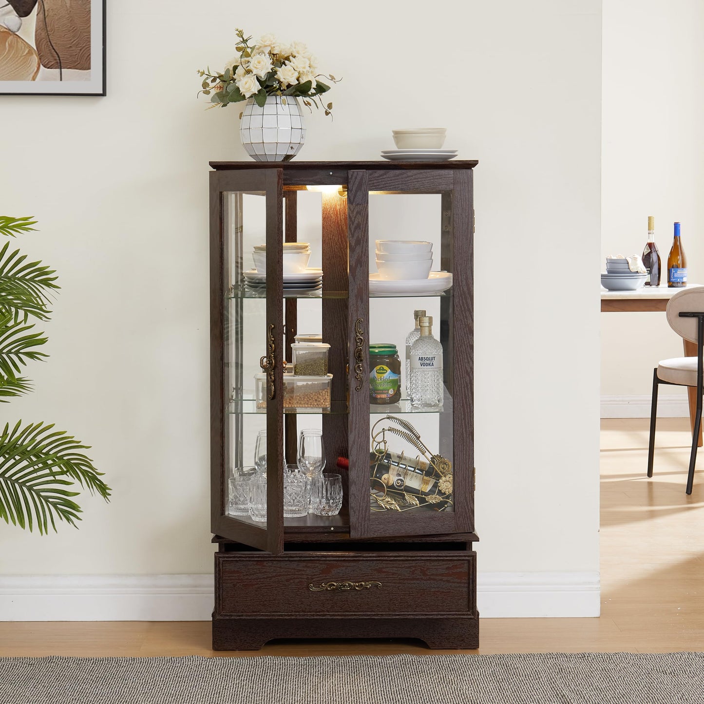 nifoti 47" H Lighted Curio Cabinet Display Case, Glass Cabinet with Adjustable Shelves,Tempered Glass Door and Drawer, Wooden Curio Cabinet with Mirrored Back Pane for Living Room (Dark Cherry)