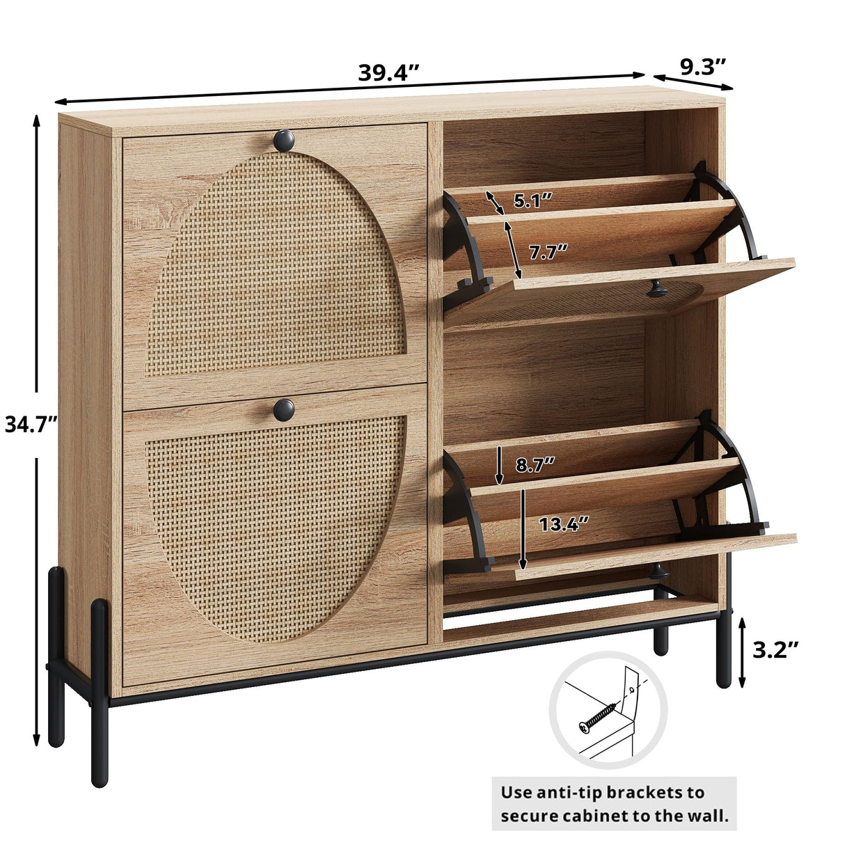 IRONCK Rattan Shoe Cabinet Storage with 4 Flip Drawers, Freestanding Shoe Storage Organizer Cabinet for Entryway, Narrow Shoe Rack Cabinet, Oak IRONCK