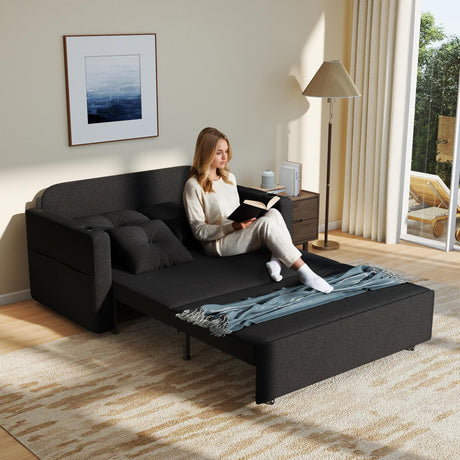 Krcix 3 in 1 Sofa Bed, 56 Inch Convertible Pull Out Couch, Loveseat Sleeper Sofa with Cup Holders, USB, Couch Bed for Living Room, Bedroom, Apartment, Black Krcix