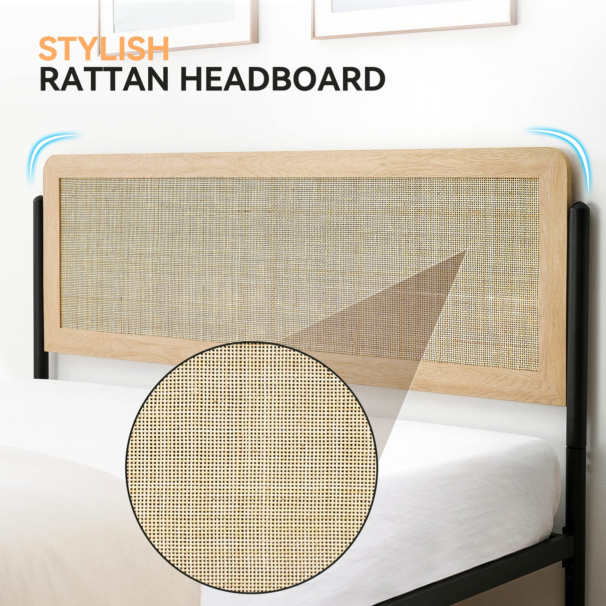 IDEALHOUSE Queen Rattan Bed Frame with Headboard, Boho Style Queen Platform Bed with Strong Metal Slats Support, Under Bed Storage, Noise-Free, No Box Spring Needed, Light Oak IDEALHOUSE