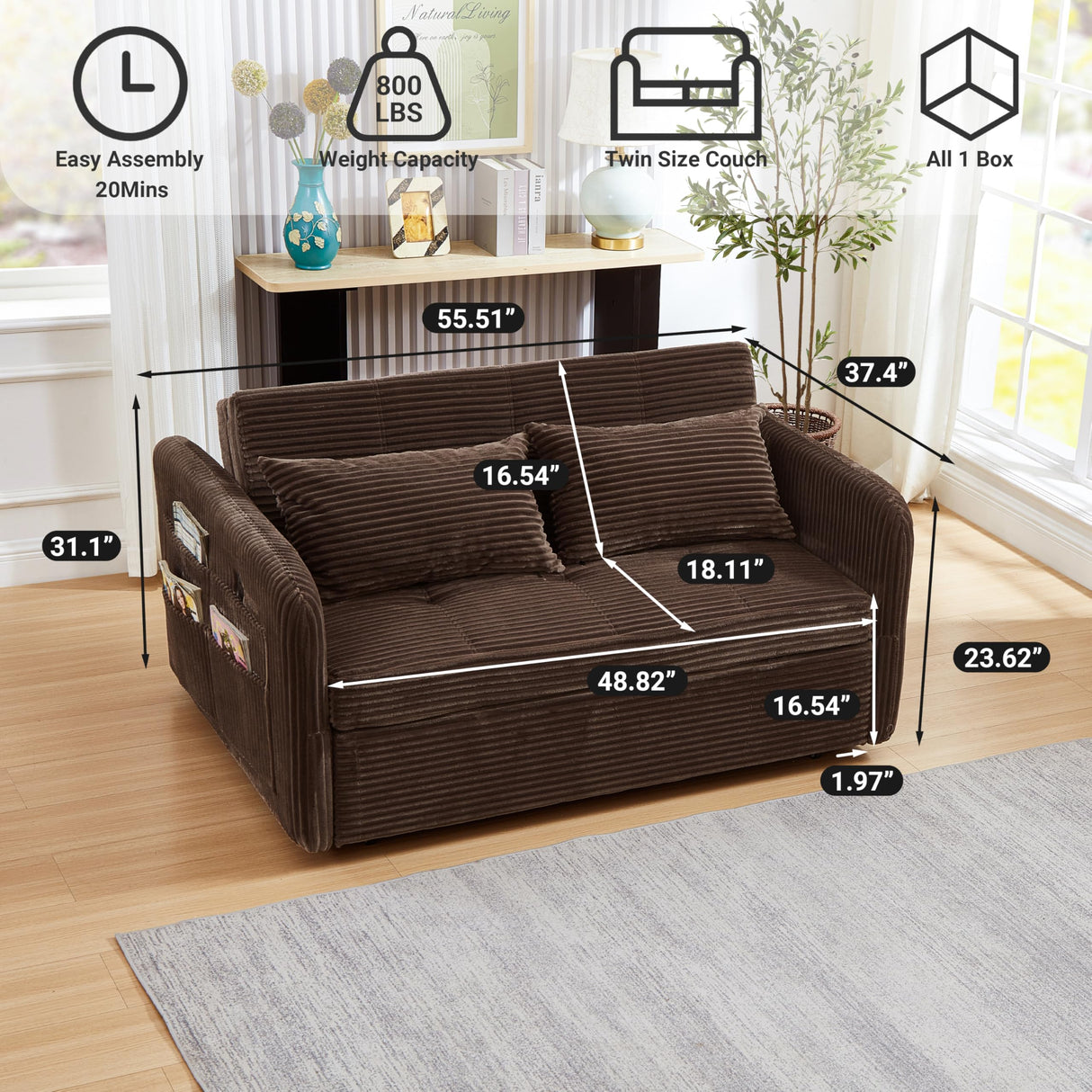 N NOORDENIYA 55.5" Corduroy Convertible Sofa Bed, Pull Out Sleeper Sofa Bed, Loveseat Couch with USB Charging Ports, 3 in 1 Convertible Sleeper Sofa Bed for Living Room, Apartment, Bedroom, RV, Brown N NOORDENIYA