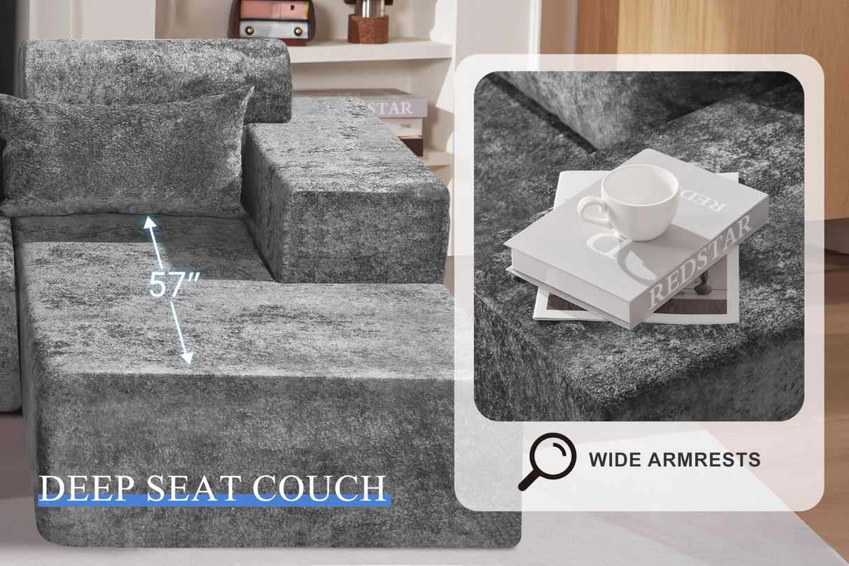 HABUTWAY 105" L-Shape Modular Sectional Sofa Couch for Living Room,No Assembly Required,Modular Comfy Sofa with Deep Seat for Living Room Bedroom,Luxury Distressed Velvet(Right,Grey) HABUTWAY