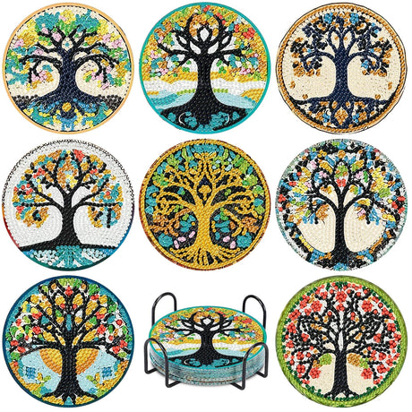 8 PCS Diamond Art Coasters Kits, Tree of Life Diamond Painting Coasters with Holder Set of 8, DIY Diamond Art Painting for Home Decor Birthday Housewarming Gifts 3.9inch Aestalrcus