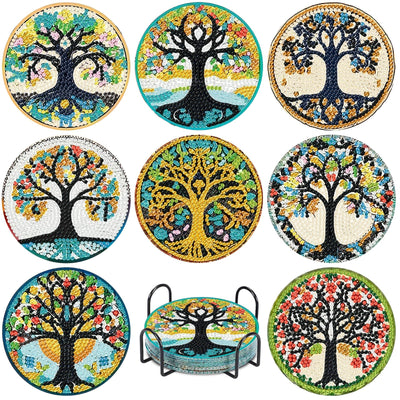 8 PCS Diamond Art Coasters Kits, Tree of Life Diamond Painting Coasters with Holder Set of 8, DIY Diamond Art Painting for Home Decor Birthday Housewarming Gifts 3.9inch
