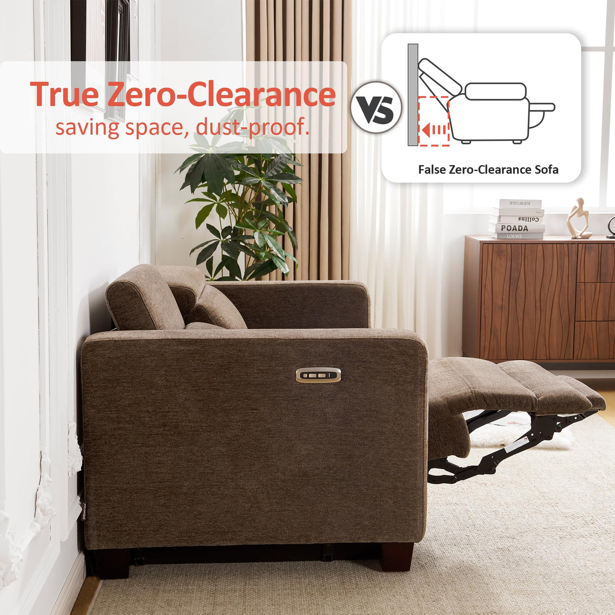 MCombo Zero Wall Recliner Sofa, Power Reclining Sofa, Wall Hugger Power Recliner Sofa with Adjustable Headrest, USB & Type C Ports, for Living Room, Fabric, HL198M3 (Coffee, 3-Seater) MCombo