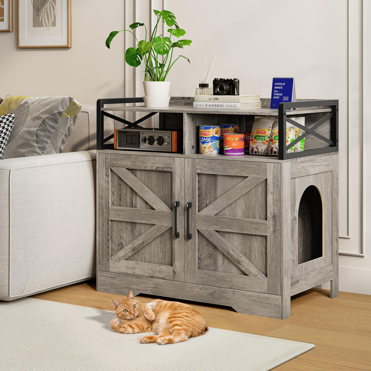OtterOasis Cat Litter Box Enclosure, Ultra-Large Hidden Litter Box Furniture with Top Opening, Anti-Tipping Fence and 2 Open Drawers, Litter Box Cabinet End Table, Grey OtterOasis