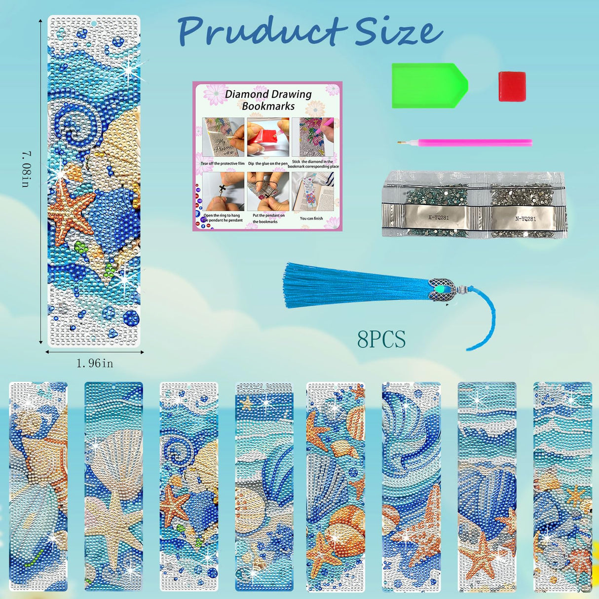 HTTDMY 8PCS Diamond Painting Art Bookmarks,Cute Acrylic Bookmarks Crafts Kits Gifts with Tassels for Adult Women Book Lovers (Ocean) HTTDMY