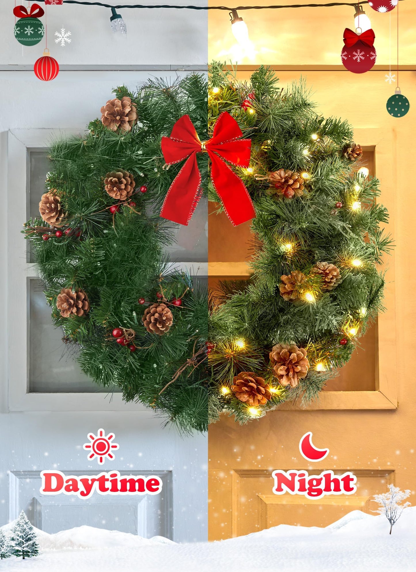 24 Inch Pre-Lit Handcrafted Christmas Wreath, IP44 Battery Operated 50 LED Christmas Wreaths, Decor with Pinecones Pine Needles Branches Red Berry Mini Bow, X-Mas Collection for Front Door Wall Window