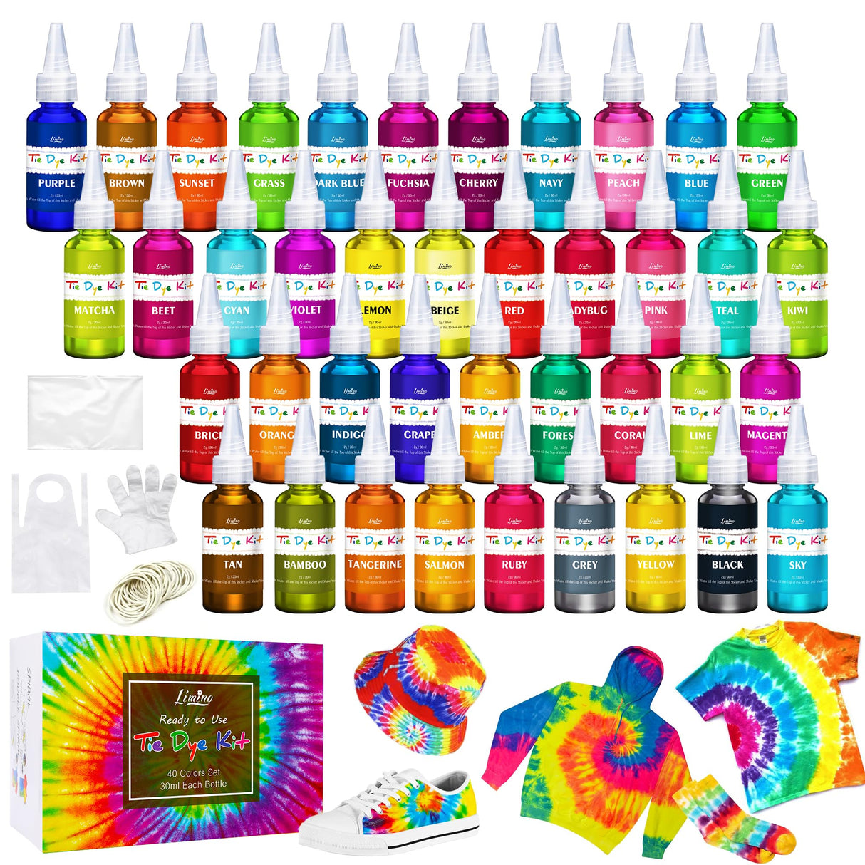 Tie Dye Kit - 40 Colors Permanent Fabric Dye with Rubber Bands, Gloves, Table Cover, Apron for Kids and Adults Tie-Dye Art - All-in-1 Textile Paint Dye for DIY Shirt, Hoodie Clothing Painting Limino