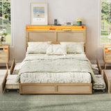 Maupvit Full Size Boho Bed Frame with Rattan Hidden Storage Headboard, LED Light and 4 Drawers, Charging Station, Metal Platform Bed, No Box Spring Needed,Brown Maupvit