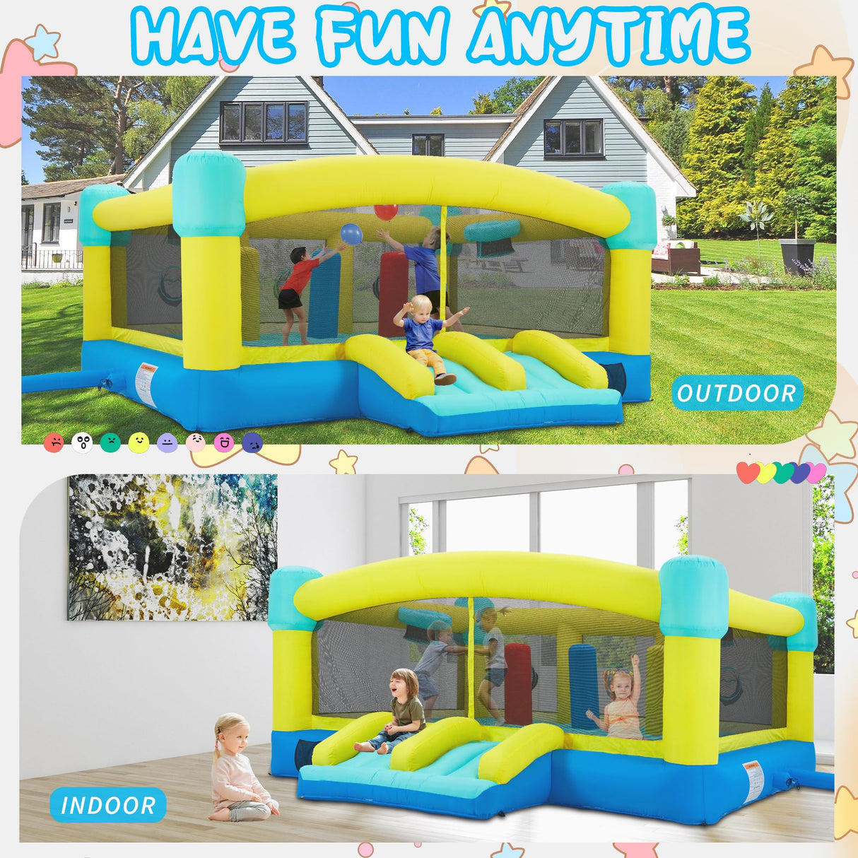 HOMMOW Big Bounce House,15 x 14.8 FT Inflatable Bounce Castle for Kids 3-12,Outdoor/Indoor Bouncy House with Blower,Slides,Obstacles,Trampolines,Basketball Hoop HOMMOW