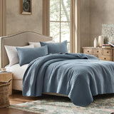 WDCOZY 100% Cotton King Size Quilt Set - Blue Striped Pick Stitch Soft Lightweight Bedspread, Textured Like Linen, Farmhouse Country Rustic Coverlet, Shabby Chic Gauze Bedding, 3 Pieces WDCOZY