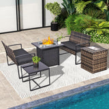 FHFO 5 Piece Outdoor Patio Furniture Set with 28”Gas Fire Pit Table & Ice Bucket Storage Box, Outdoor Wicker Rattan Patio Conversation Set for Outside, Poolside, Balcony, Porch, Yellow-Black FHFO