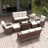 LayinSun 8 Pieces Outdoor Patio Furniture Set with Fire Pit Table, Rattan Wicker Sectional Swivel Rocker Chairs Sets with Ottomans, Swivel Glider Chair and Coffee Table LayinSun
